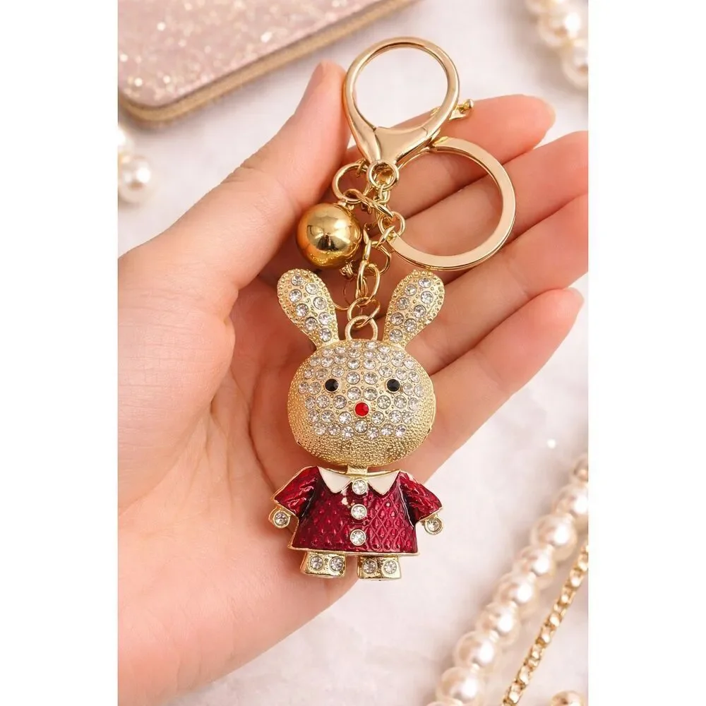 Rhinestone Bunny Rabbit Keychain Gold Red Dress Purse Charm Bag Charm